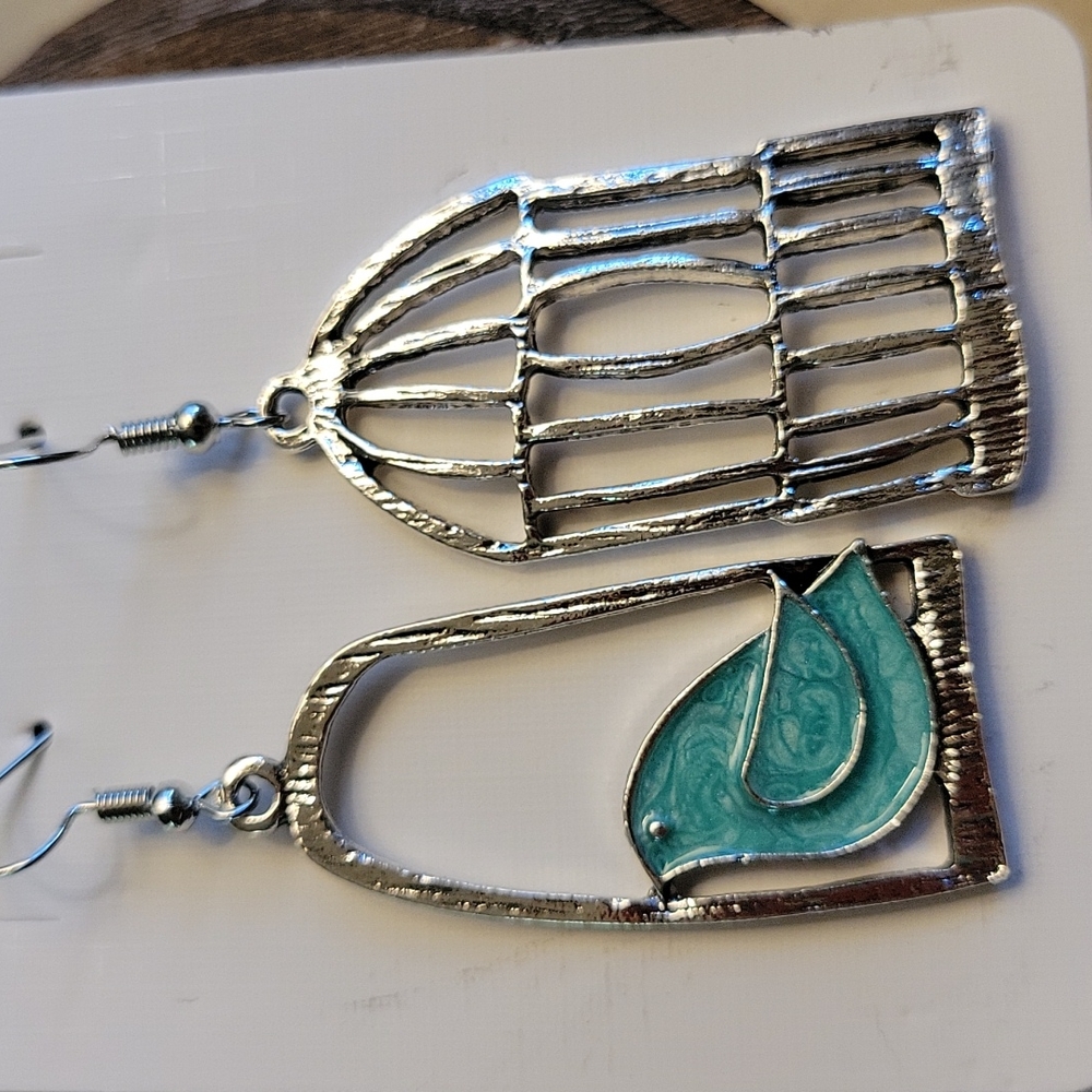 Oversized Bird and Birdcage Silver Drop Dangle Earrings - Picture 3 of 4